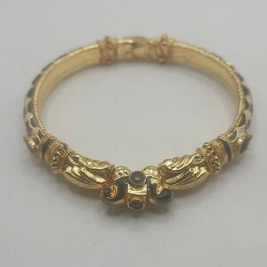 Vintage Indian Meenakari Elephant Head Bangle Gold Tone Enamel Hinged Bracelet